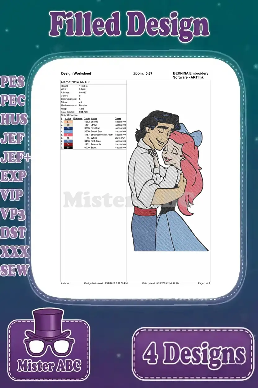 Detailed design worksheet for the Ariel and Prince Eric embracing embroidery pattern, showing stitch count and color sequence.
