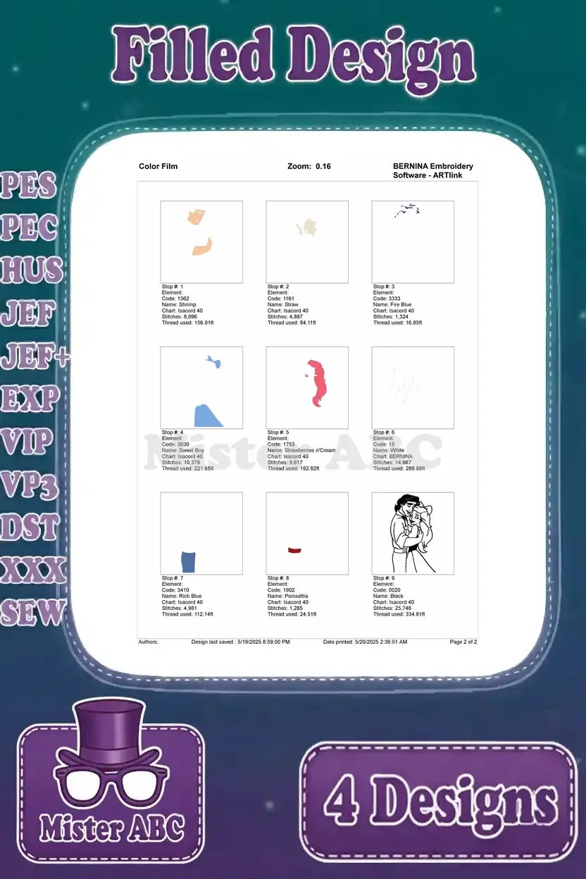 Color film chart for the Ariel and Prince Eric embracing embroidery design, illustrating the precise stitching order and thread stops.
