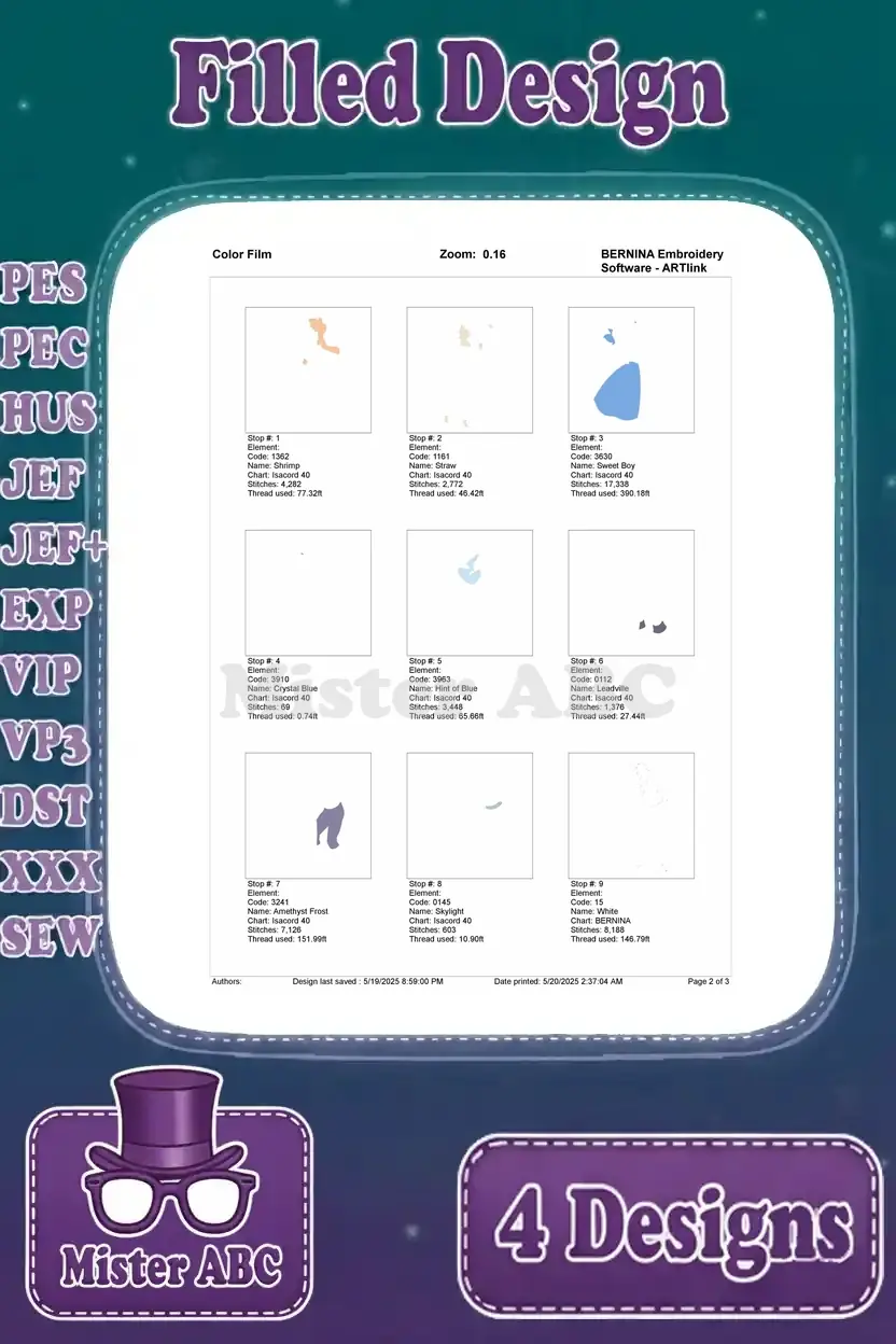 Page two of the color film for the Ariel and Prince Eric dancing embroidery, detailing thread stops and stitch progression.