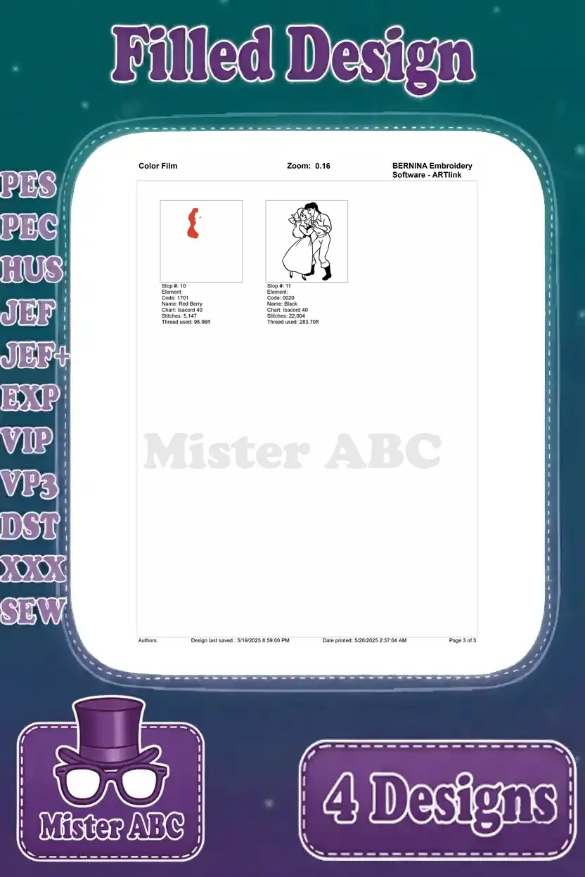 Page three of the color film for the Ariel and Prince Eric dancing embroidery, showing final thread stops and details.