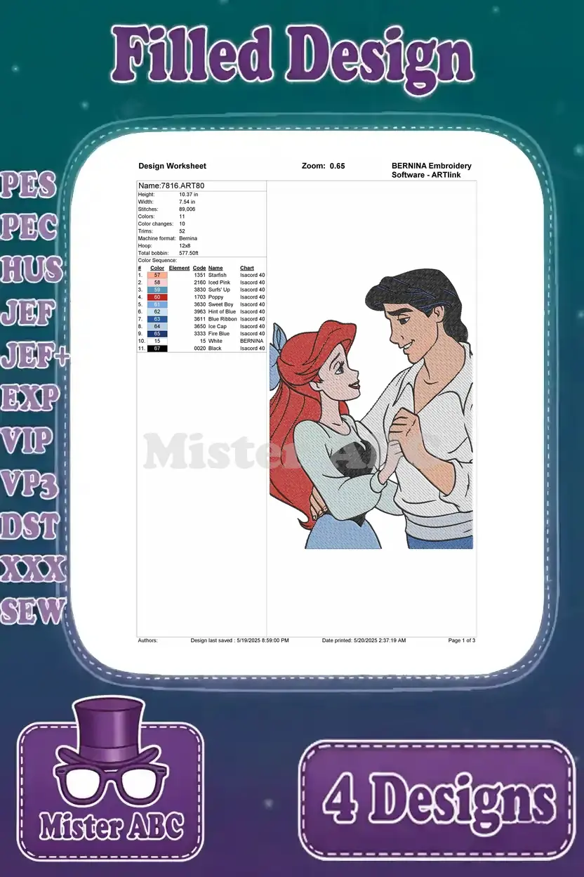 Design worksheet for the third Ariel and Prince Eric embroidery, featuring them gazing at each other with stitch data.