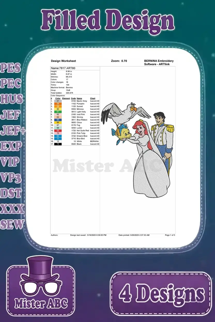 Design worksheet for the Ariel and Prince Eric wedding embroidery, featuring Scuttle and Flounder, with stitch data.
