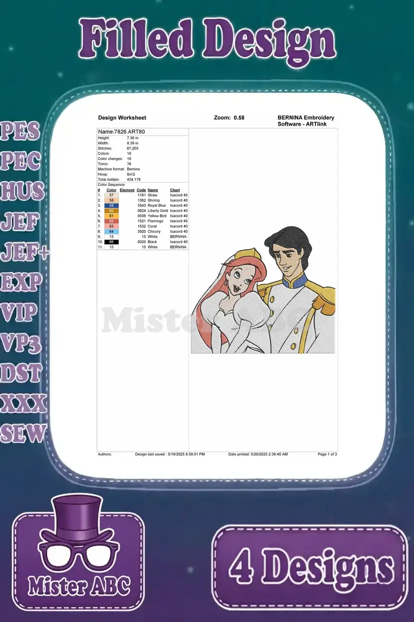 Design worksheet for the second Ariel and Prince Eric formal portrait embroidery design, with stitch info.
