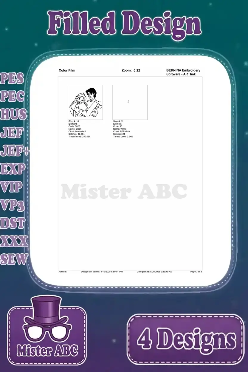 Final color film breakdown (page 3) for the formal Ariel and Prince Eric embroidery design completion.