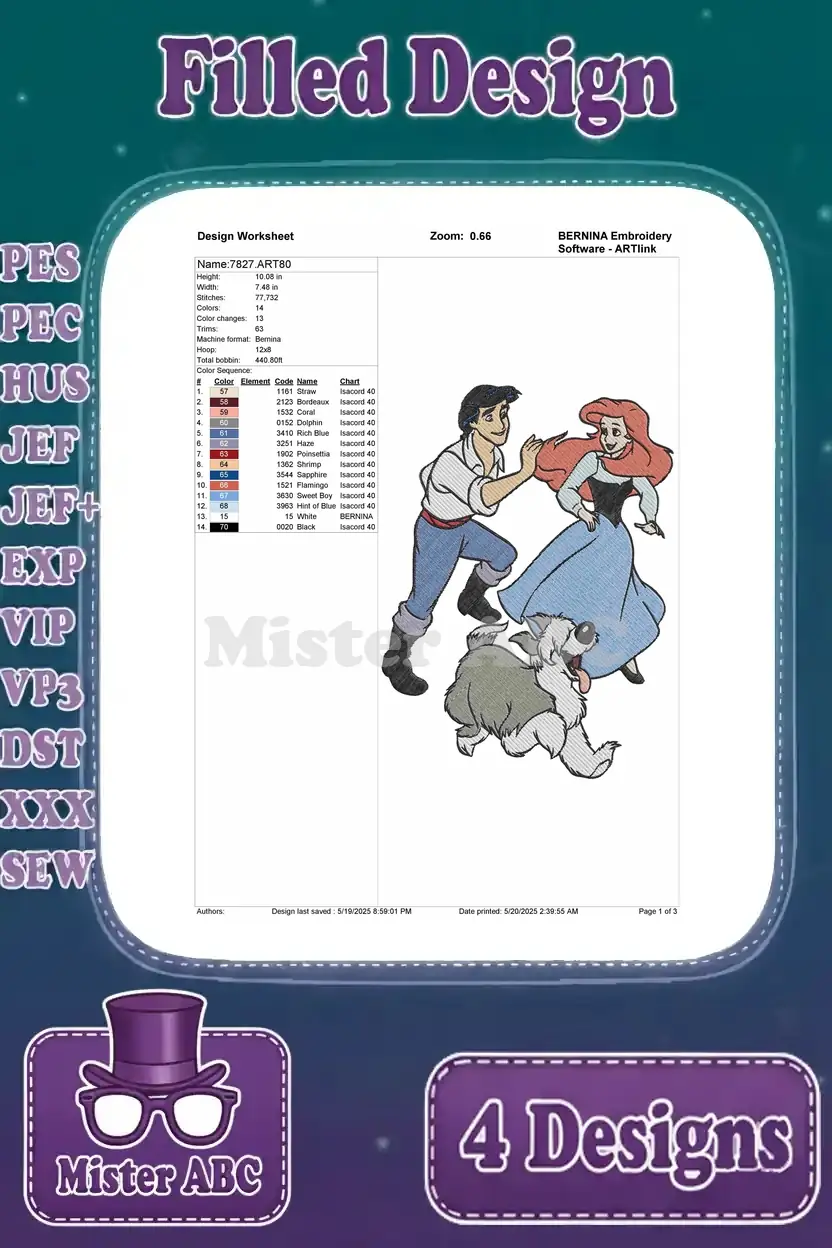 Design worksheet for the third Ariel, Prince Eric, and Max embroidery design, detailing thread colors.