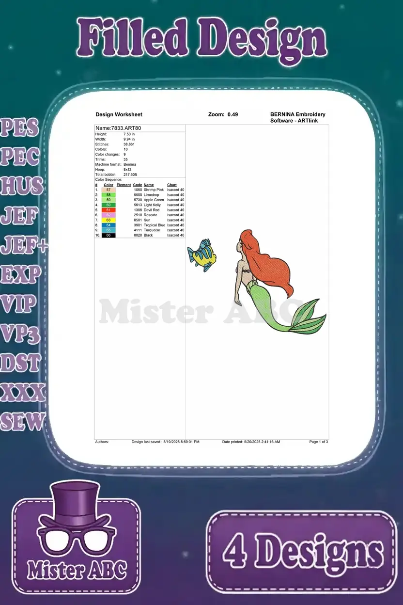 A detailed design worksheet for the Ariel and Flounder embroidery design, showing thread colors and stitch information.
