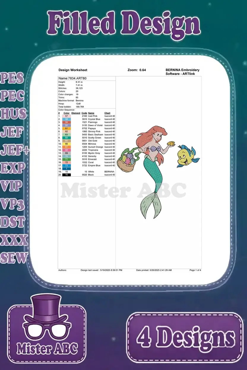 A detailed design worksheet for the Ariel and Flounder embroidery design, outlining thread colors and stitch counts.