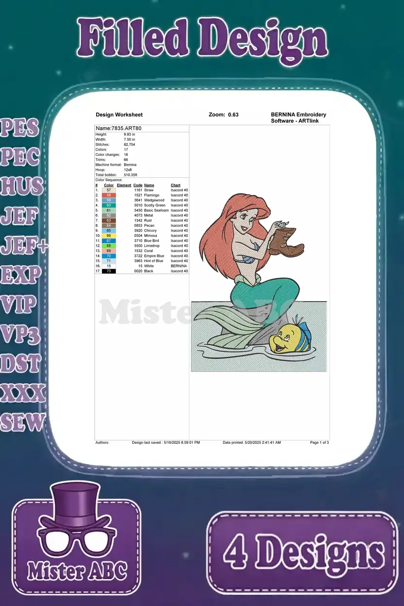A detailed design worksheet for the Ariel and Flounder embroidery design, showing thread colors and stitch information.