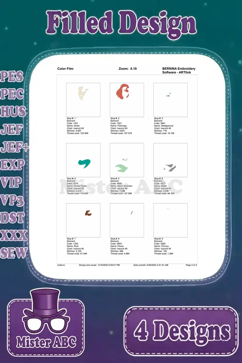 A color film sequence for the third Ariel and Flounder embroidery design, illustrating the stitch order by color.
