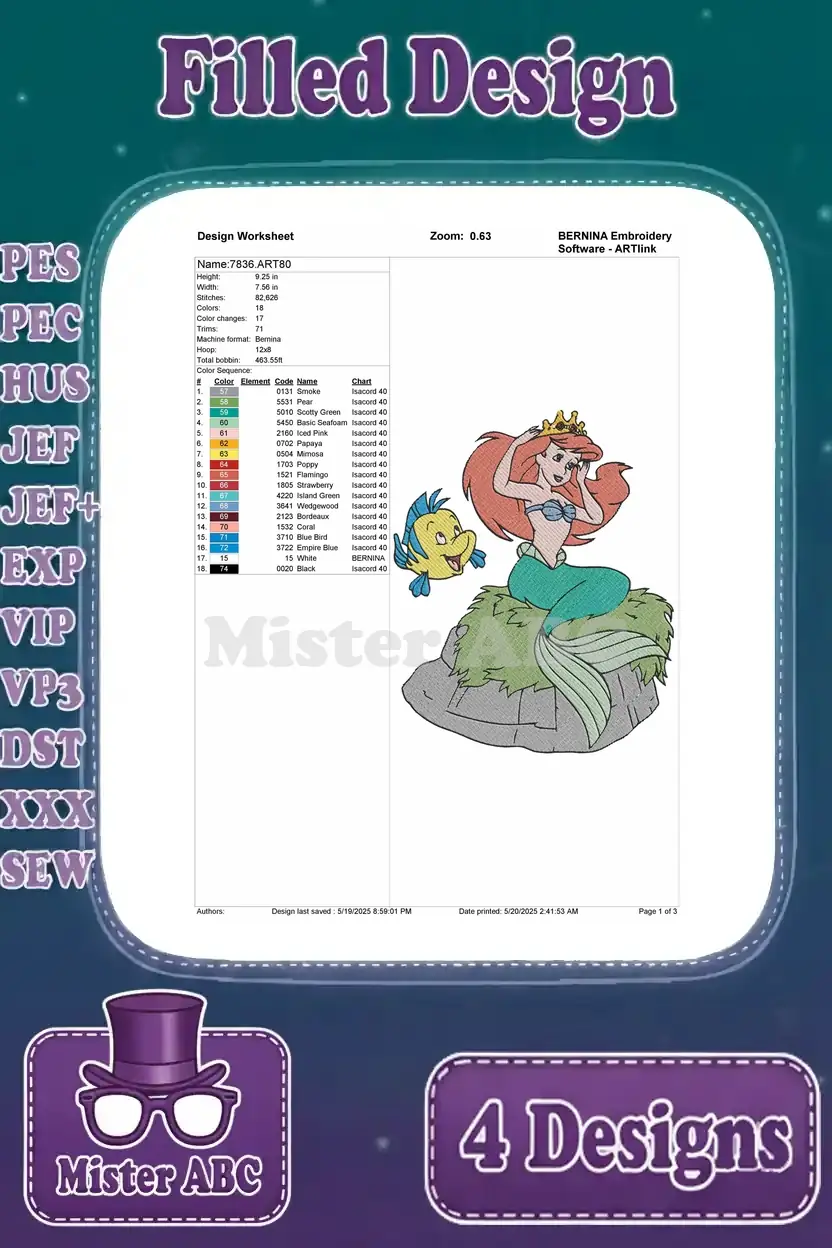 A detailed design worksheet for the Ariel and Flounder embroidery design, outlining thread colors and stitch counts.