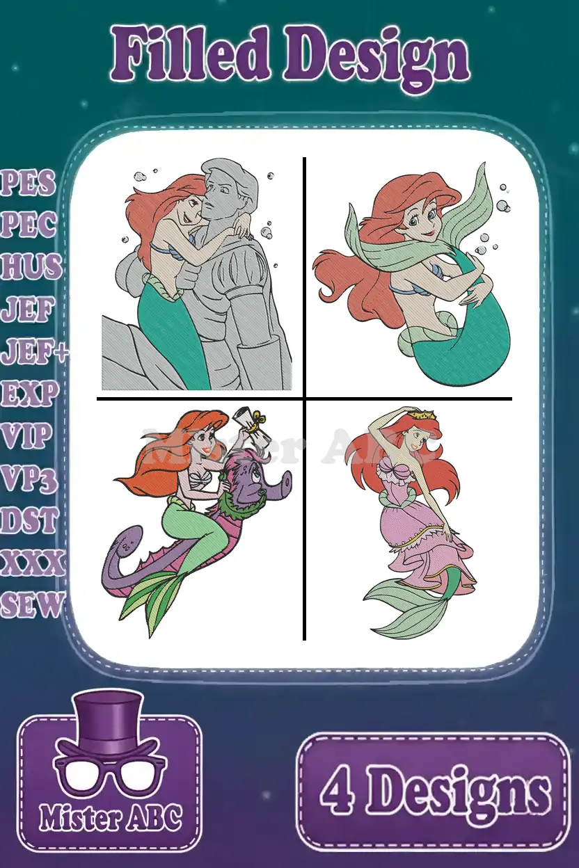 A vibrant embroidery collection featuring four distinct Ariel designs, showcasing her iconic mermaid form and beloved moments.