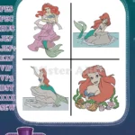 The Little Mermaid Ariel In Pink Dress On Rock Sitting On Rock With Flowers - Filled Embroidery Design - Instant Download