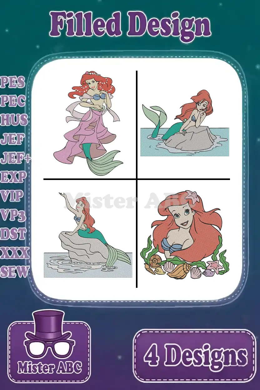 A vibrant display of four Ariel embroidery designs, showcasing the beloved mermaid in different enchanting poses, ready for stitching.
