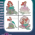 The Little Mermaid Ariel On Rock In Pink Dress And In Giant Seashell Posing - Filled Embroidery Design - Instant Download