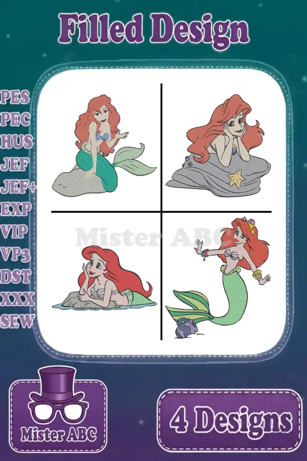Four vibrant filled stitch embroidery designs of Ariel, the Little Mermaid, in various poses, ready for diverse projects.
