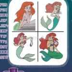 The Little Mermaid Ariel On Rock With Mirror Holding Necklace And With Scuttle - Filled Embroidery Design - Instant Download