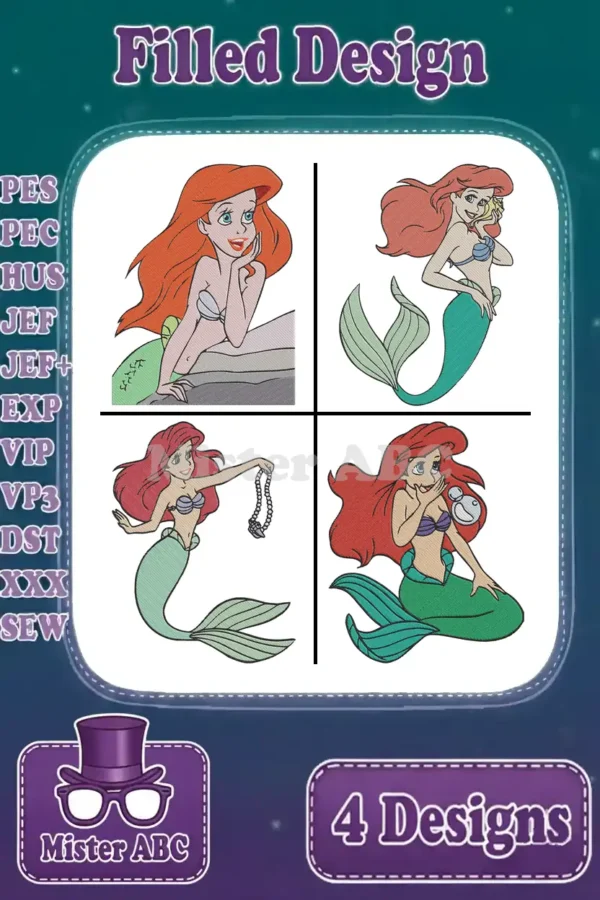 A collection of four enchanting Ariel embroidery designs, showcasing the beloved mermaid in various charming poses.