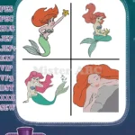 The Little Mermaid Ariel With Starfish Bubbles Lying On Rock And Various Poses - Filled Embroidery Design - Instant Download