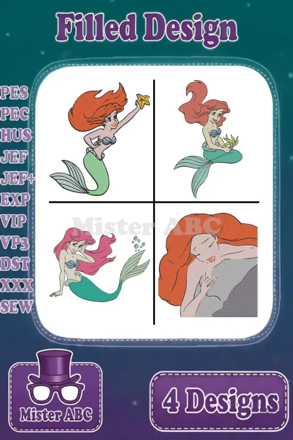 Four vibrant Ariel mermaid filled embroidery designs, showcasing various poses and supported file formats for crafting.