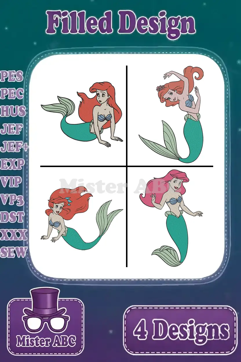 A vibrant collage showcasing four distinct Ariel mermaid embroidery designs, highlighting available file formats and 'Filled Design'.