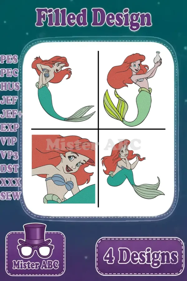A vibrant bundle of four distinct Ariel the Little Mermaid filled embroidery designs, showcasing various poses and expressions.