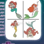 The Little Mermaid Ariel Thoughtful Mermaid And Human Form In Gold Dress Poses - Filled Embroidery Design - Instant Download