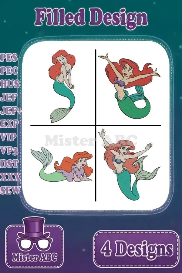 A vibrant collection of four Ariel embroidery designs, showcasing the beloved mermaid in various poses and expressions.