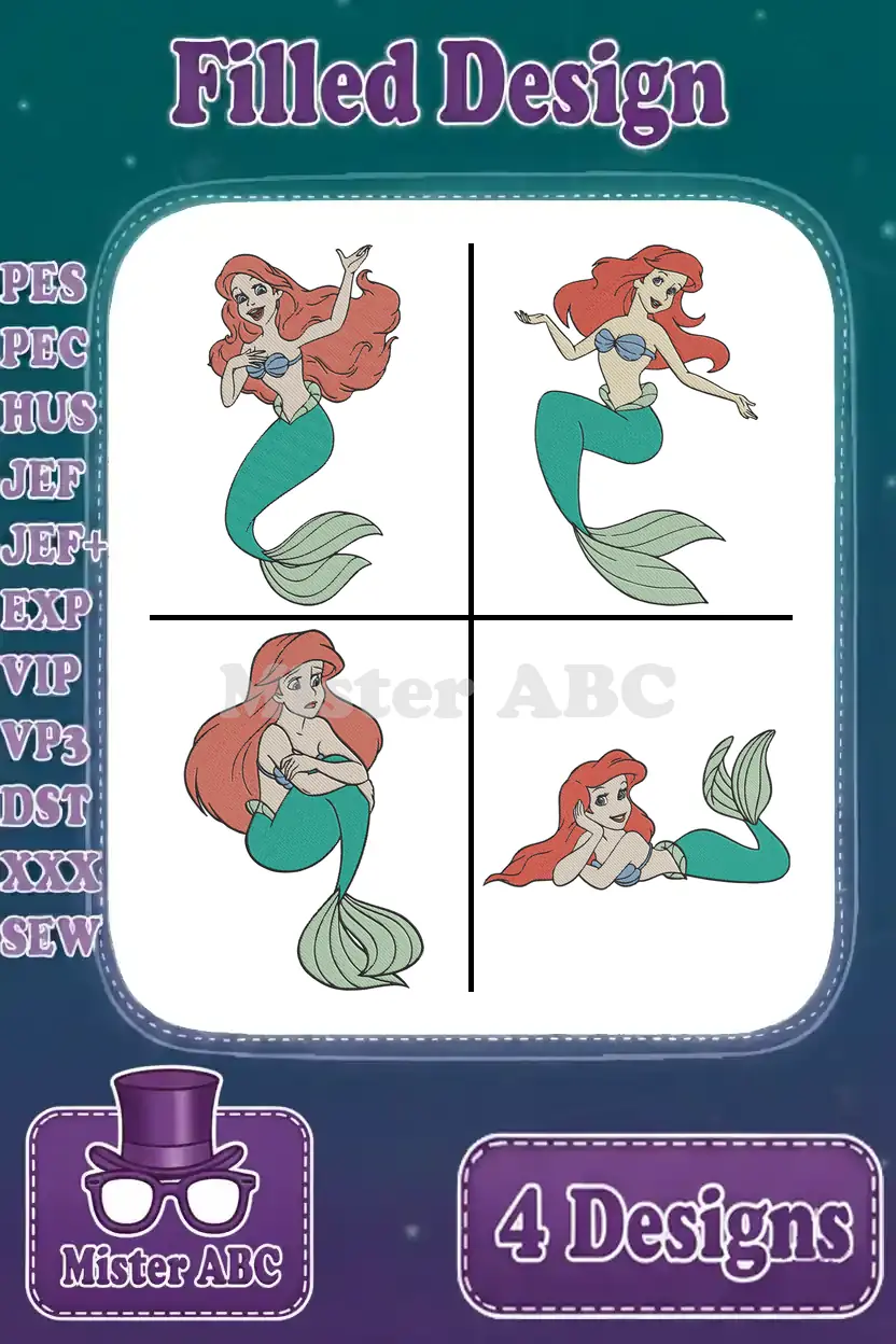 A vibrant collage showcasing four unique Ariel mermaid machine embroidery designs, perfect for diverse creative projects.