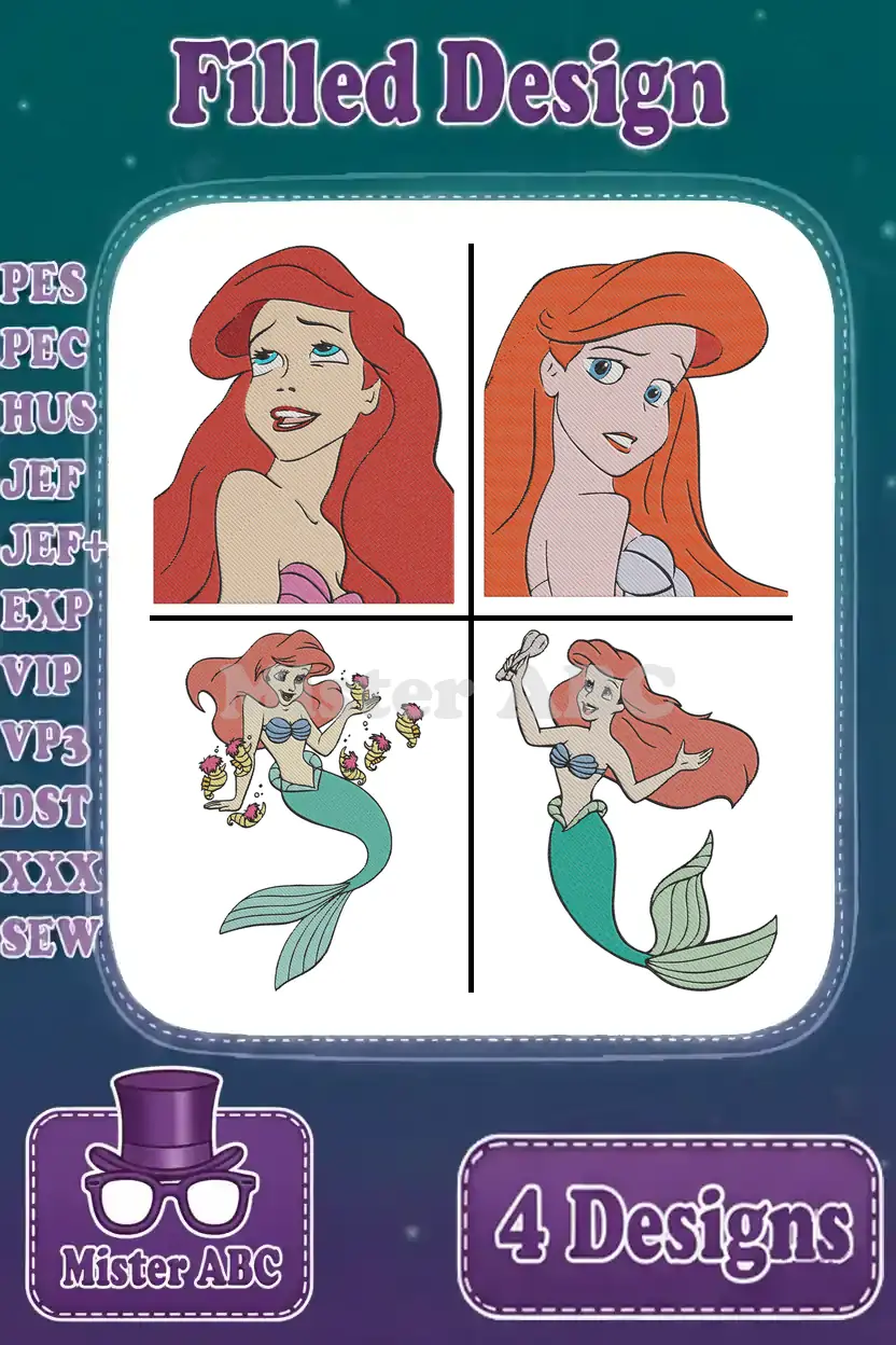 Four enchanting Ariel embroidery designs in a filled stitch style, showcasing various poses and vibrant colors.