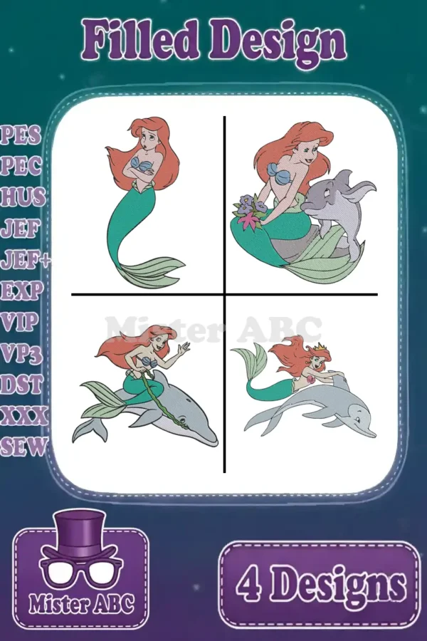 A vibrant main image featuring four unique Ariel mermaid embroidery designs, including dolphins, suitable for various projects.