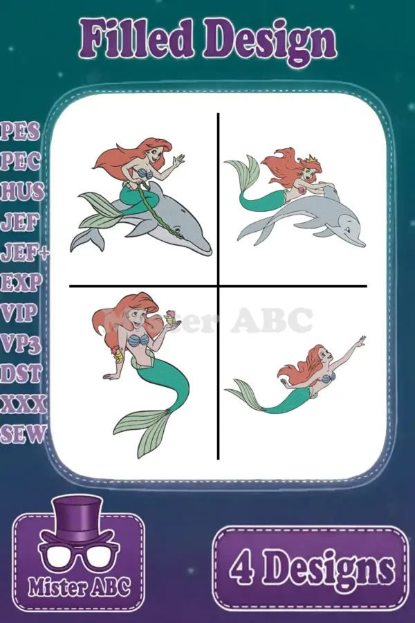 A vibrant collage showcasing four distinct Ariel, The Little Mermaid, filled embroidery designs for various projects.