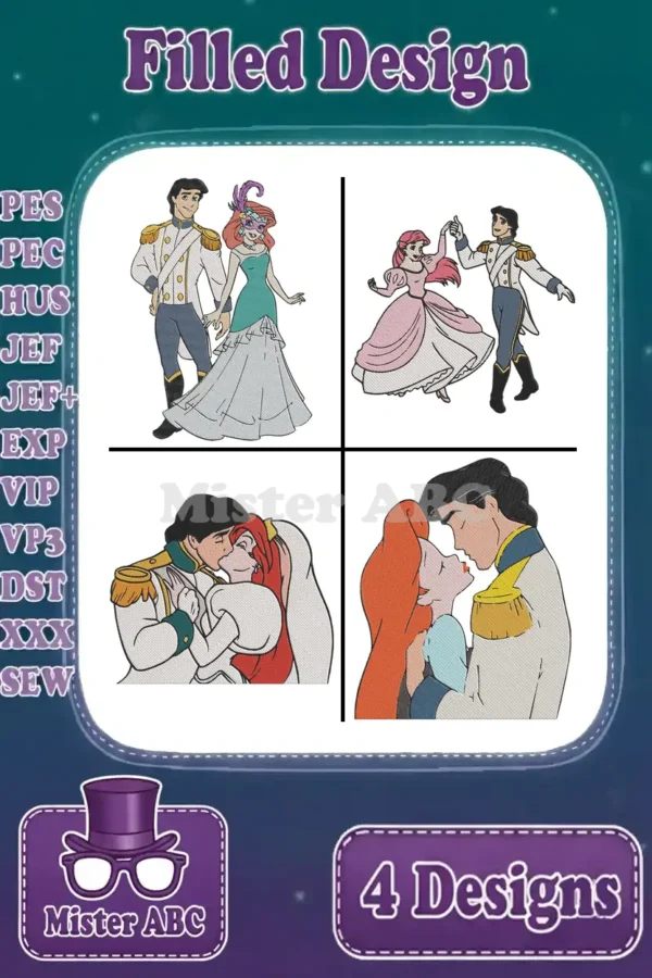 A vibrant compilation of four filled embroidery designs depicting Ariel and Prince Eric in various romantic poses.