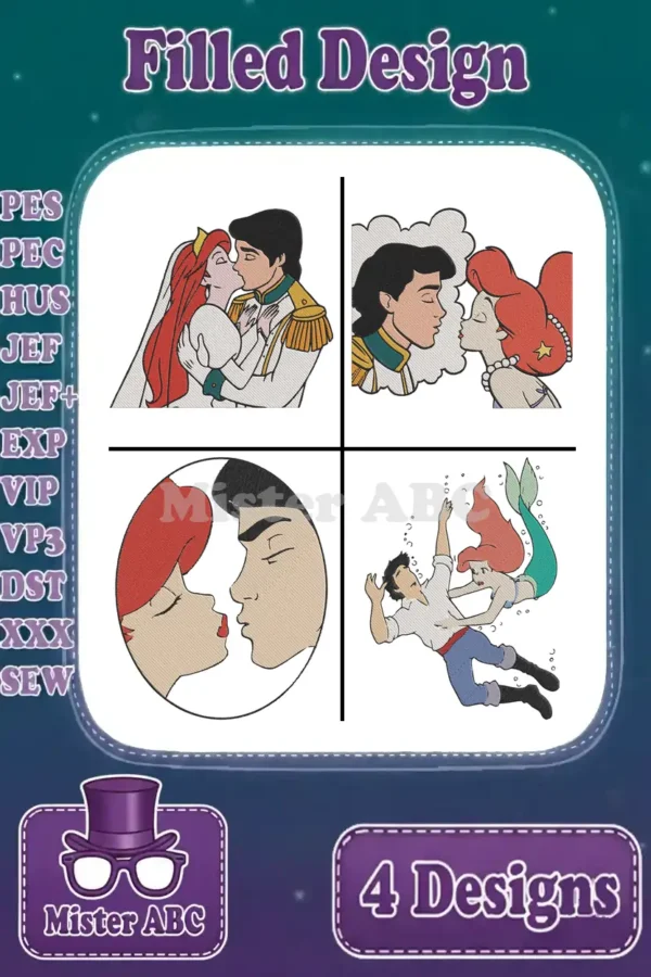 A collection of four enchanting Ariel and Prince Eric filled embroidery designs, showcasing romantic moments from their story.