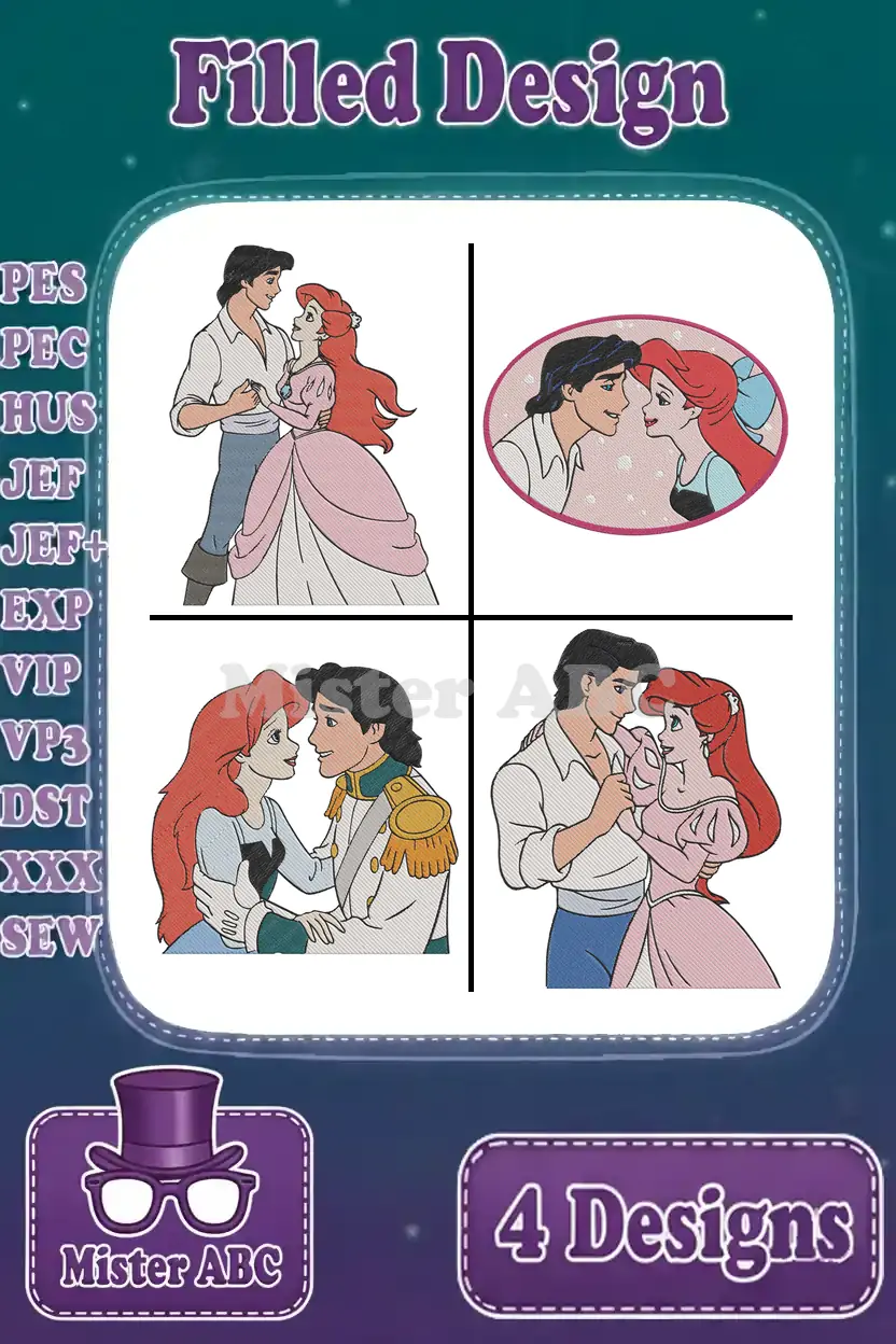 A composite image displaying four unique filled embroidery designs of Ariel and Prince Eric, highlighting file compatibility.