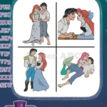 The Little Mermaid Ariel And Prince Eric In Blue Dress And Various Romantic Poses - Filled Embroidery Design - Instant Download