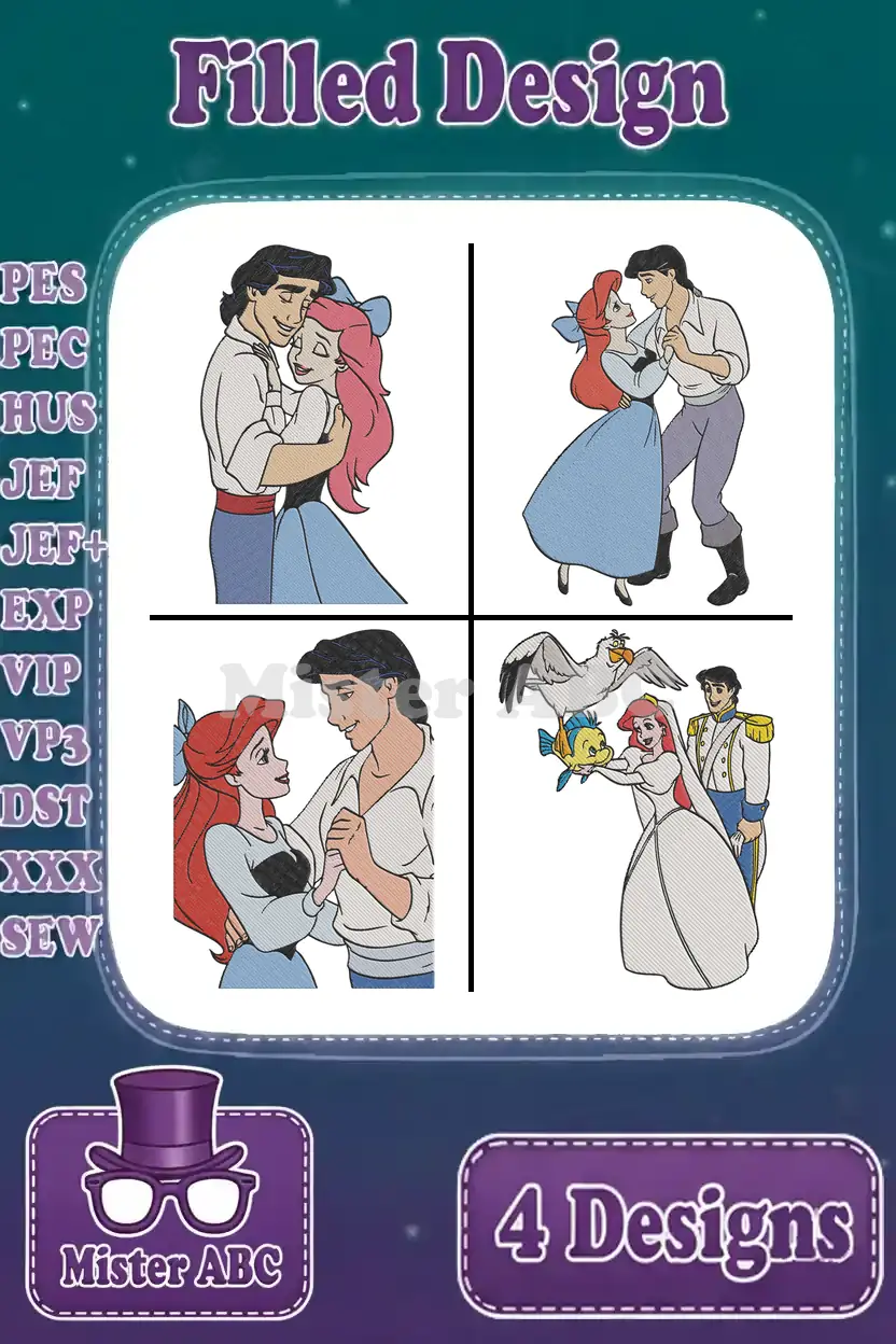 A collection of four enchanting Ariel and Prince Eric embroidery designs, showcasing romantic scenes and available in multiple formats.