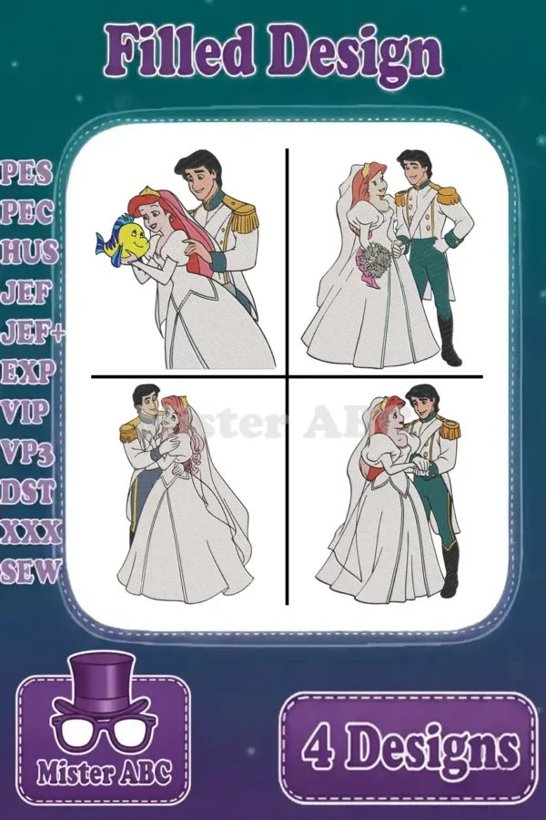 Four filled embroidery designs showcasing Ariel and Prince Eric's wedding, including Flounder, with format options listed.