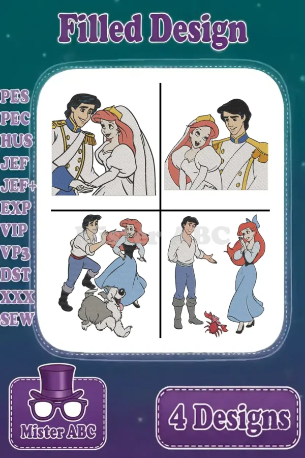 A collage of four vibrant filled embroidery designs featuring Ariel and Prince Eric from The Little Mermaid.