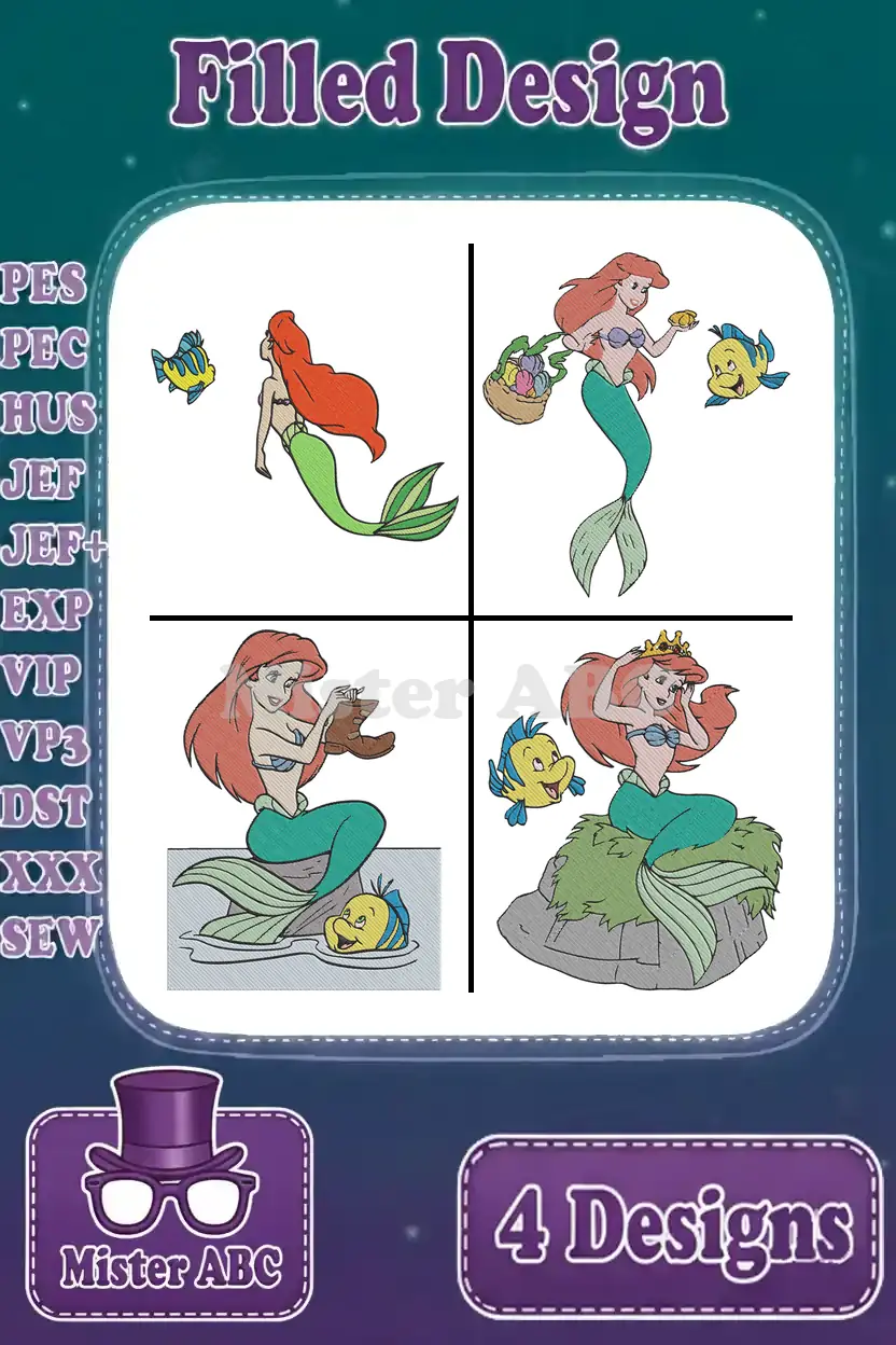 A collage of four vibrant filled embroidery designs featuring Ariel and Flounder in various enchanting poses, ready for stitching.