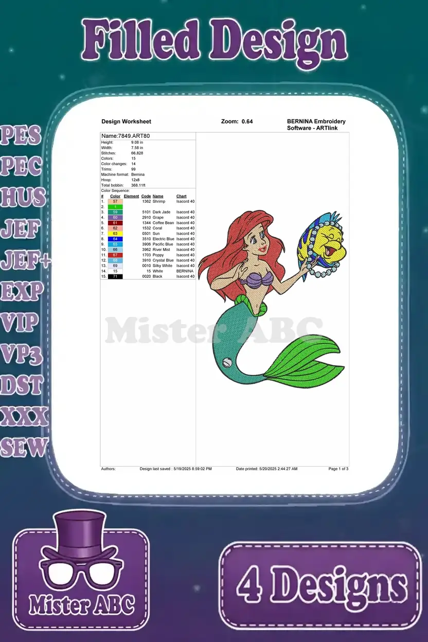 A design worksheet for the first Ariel and Flounder embroidery design, detailing stitch count and color sequence.