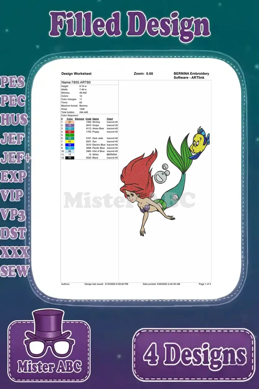 A design worksheet for the second Ariel and Flounder embroidery design, detailing stitch count and color sequence.