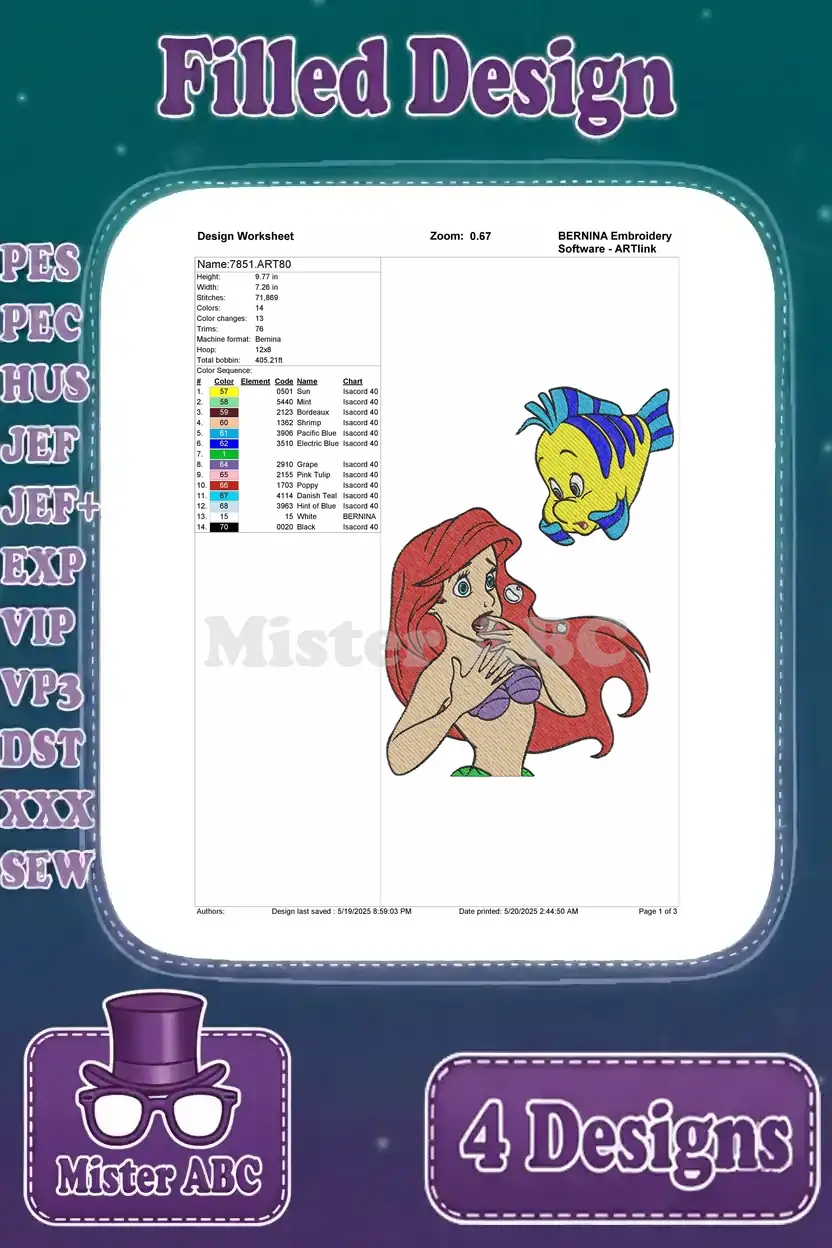 A design worksheet for the third Ariel and Flounder embroidery design, detailing stitch count and color sequence.