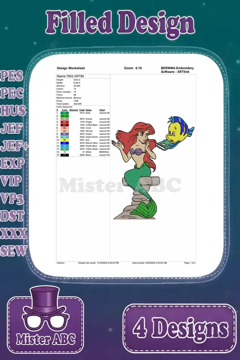 A design worksheet for the fourth Ariel and Flounder embroidery design, detailing stitch count and color sequence.