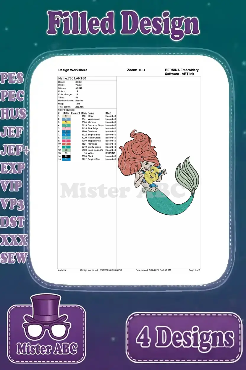 Detailed design worksheet for the first Ariel and Flounder embroidery, showing stitches, colors, and hoop size.
