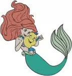The Little Mermaid - Ariel Combing Hair With Dinglehopper And Flounder - Underwater Beauty Moments - Filled Embroidery Design - 7861
