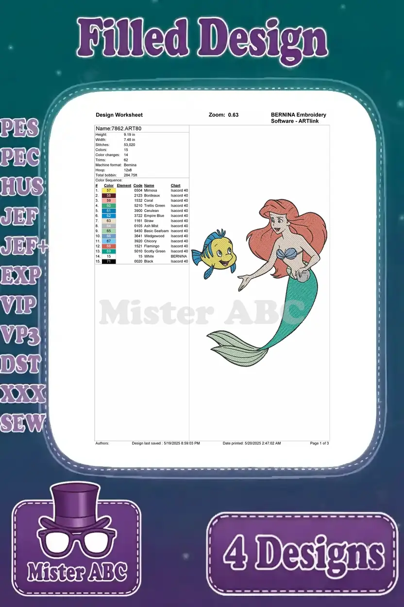 Detailed design worksheet for the second Ariel and Flounder embroidery, showing stitches, colors, and hoop size.