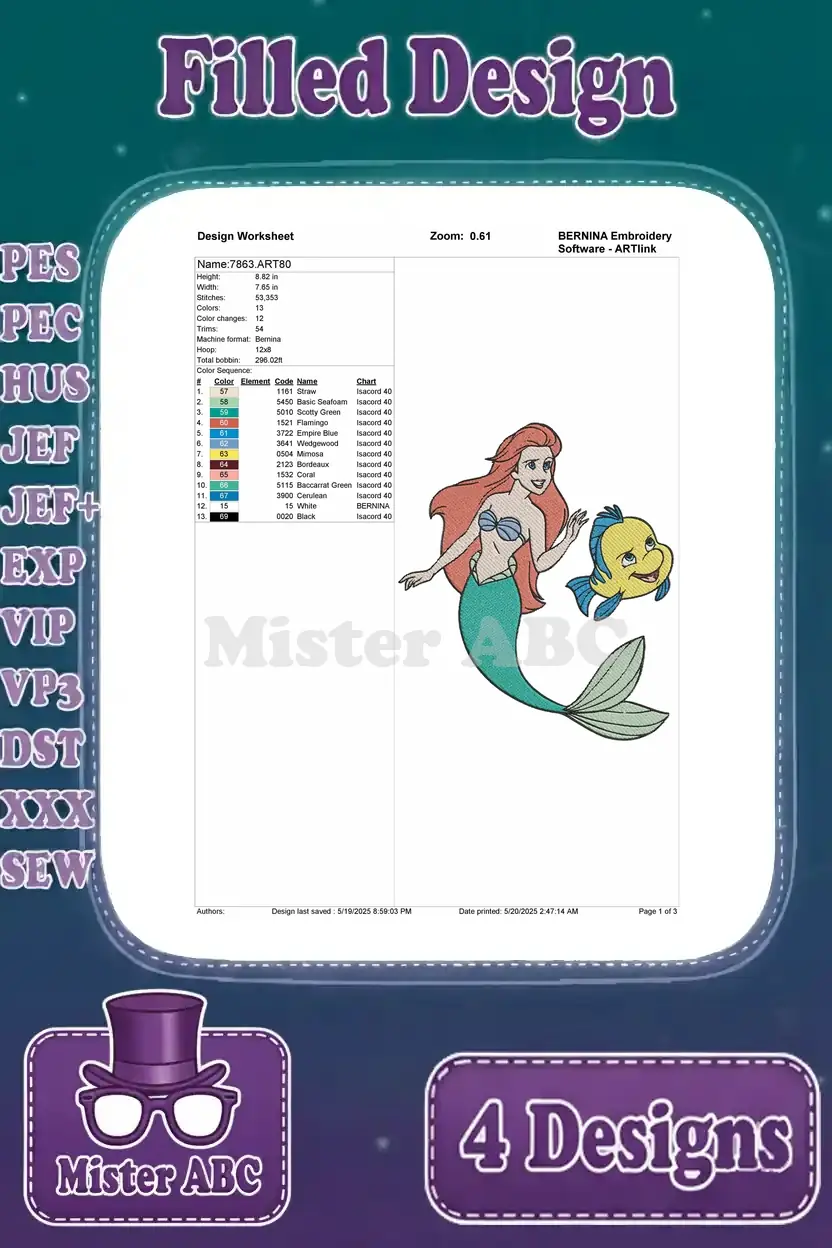 Detailed design worksheet for the third Ariel and Flounder embroidery, showing stitches, colors, and hoop size.