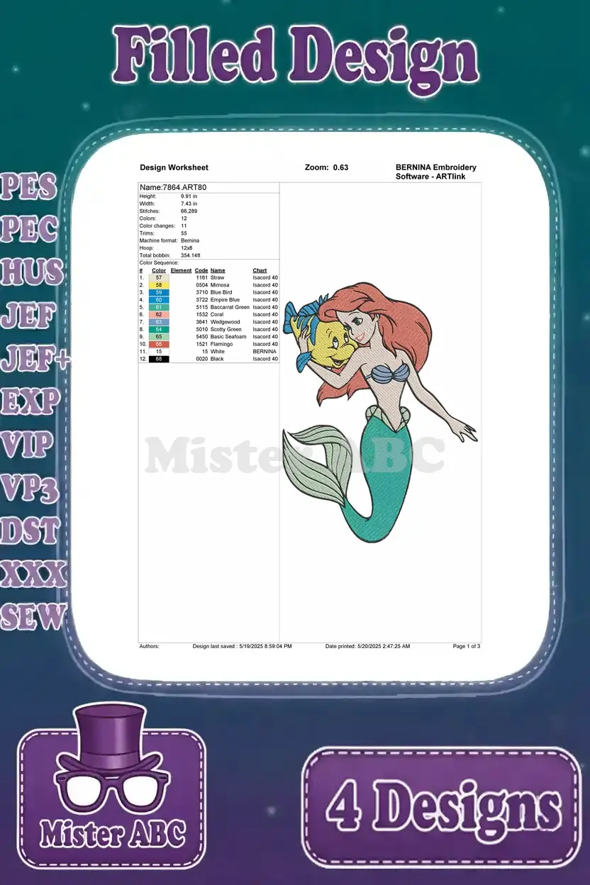 Detailed design worksheet for the fourth Ariel and Flounder embroidery, showing stitches, colors, and hoop size.