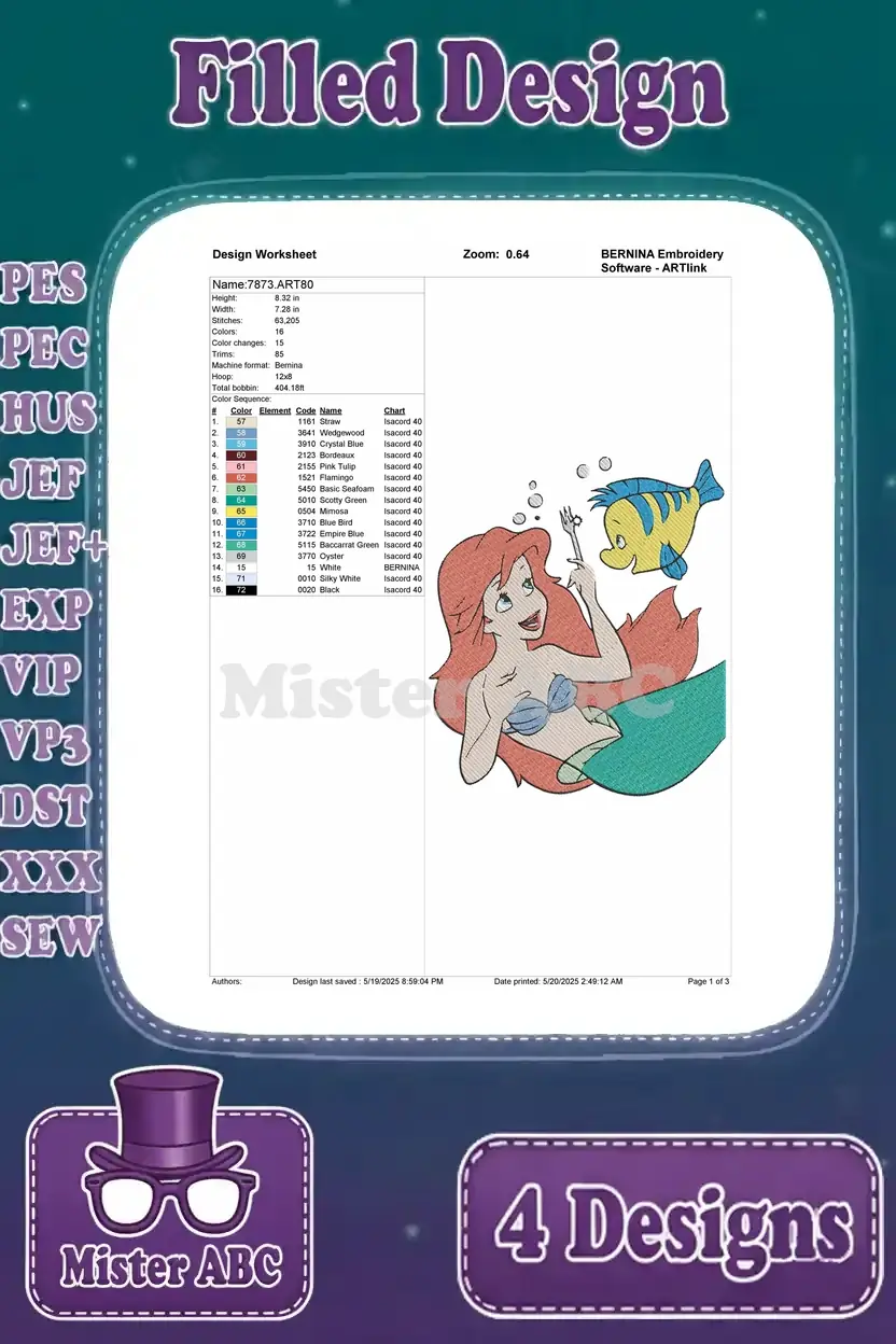 A detailed design worksheet for an Ariel and Flounder embroidery, showing stitch count, colors, and sequence.