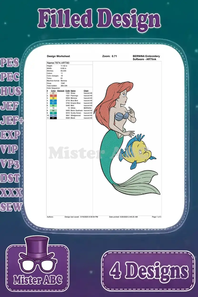 A detailed design worksheet for a second Ariel and Flounder embroidery, showing stitch count and colors.